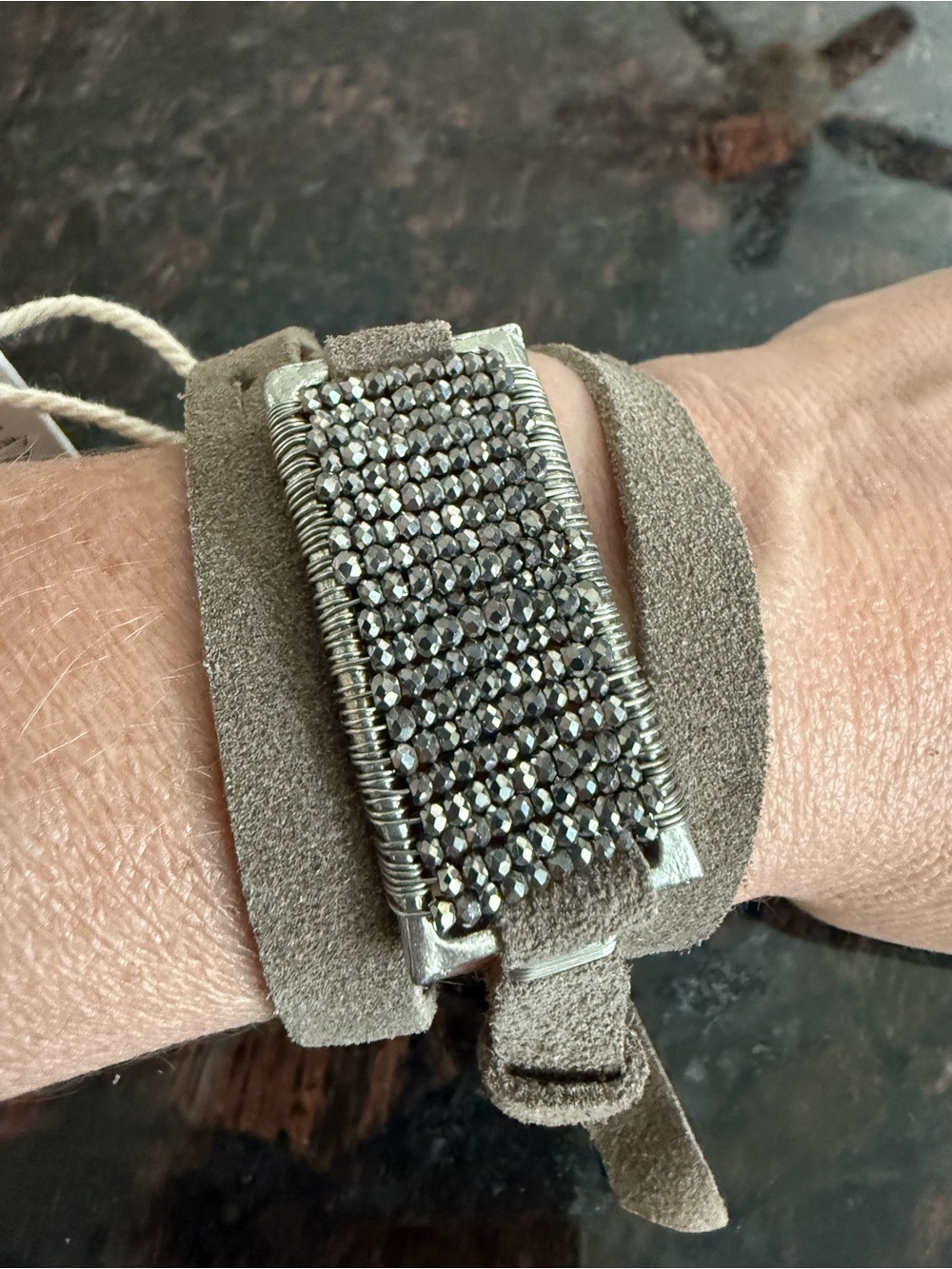 Beaded Suede Wrap Bracelet in Taupe
